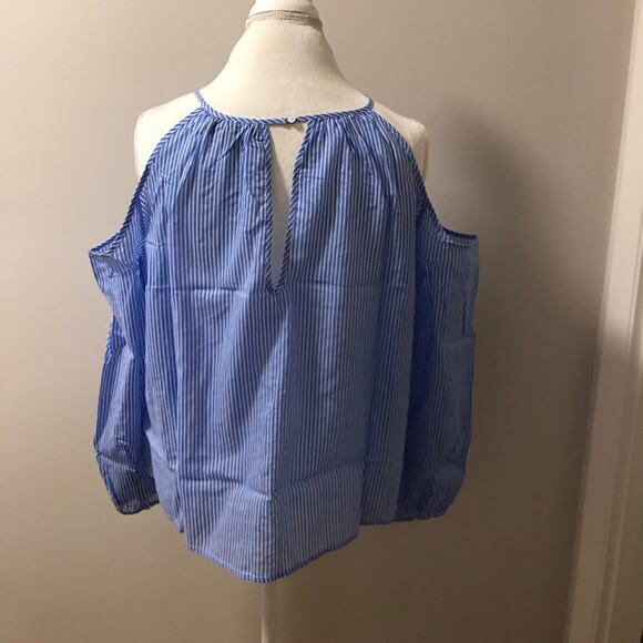 Cold Shoulder Top Blue Striped Button Down Blouse - Picture 5 of 8